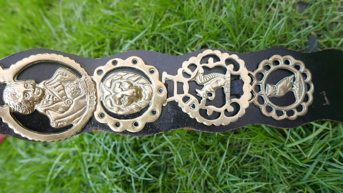Horse Brass Badges on Black leather belt - Vintage solid brass