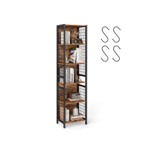 Tall Industrial Bookshelf with 6 Shelves and Hooks Rustic Brown and Black