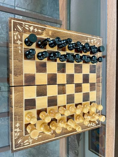 Vintage Decorative Foldable Chessboard with Hand Carved Detail and Chess Pieces 26 cm Square