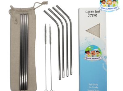 Reusable Stainless Steel Straws Dublin - Eight Stainless Steel Straws with Two Cleaning Brushes and Cotton Bag, Four Straight, Four Curved