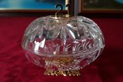 Killarney Crystal Cut Crystal Glass With Number 21 Lidded Jewelry Dish / Bowl With 22 Carat Gold Cover Handle and Footed Base Finishing Made In Ireland
