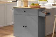 Grey Kitchen Trolley on Wheels, Kitchen Island with Drawer, Adjustable Shelf, Spice Rack &amp; Towel Holder