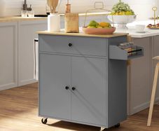 Grey Kitchen Trolley on Wheels, Kitchen Island with Drawer, Adjustable Shelf, Spice Rack & Towel Holder