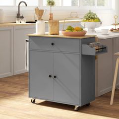 Grey Kitchen Trolley on Wheels, Kitchen Island with Drawer, Adjustable Shelf, Spice Rack & Towel Holder