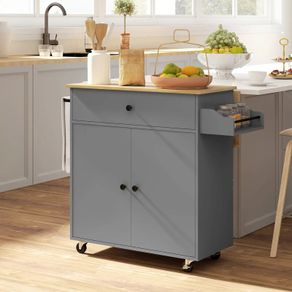 Grey Kitchen Trolley on Wheels, Kitchen Island with Drawer, Adjustable Shelf, Spice Rack & Towel Holder
