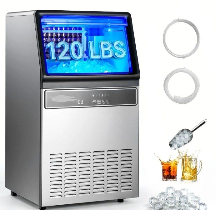 Commercial Ice Maker 54.4kg Per Day Stainless Steel Ice Machine with 15kg Storage