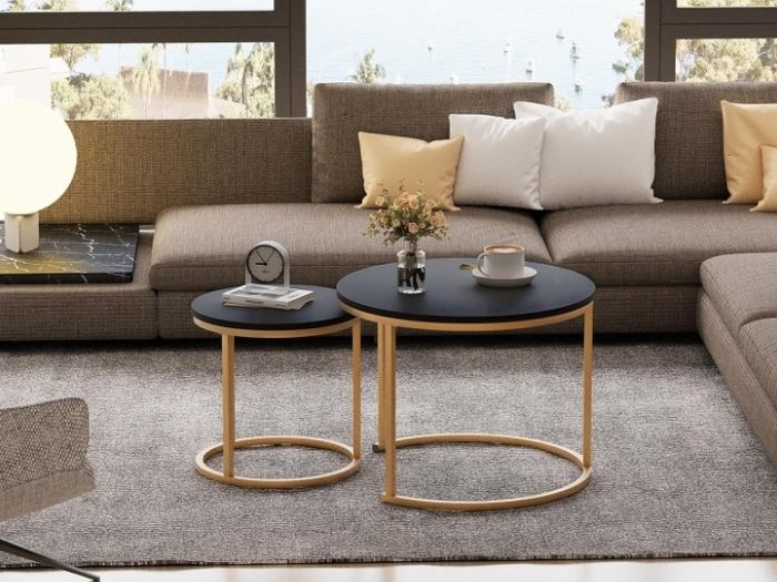 Set of 2 End Table, Nesting Tables, Side Table  Metal Gold Frame for Living Room/Bedroom/Balcony/Office/Apartment, Diameter 23.6/15.7 IN, Black Top, Prevent right angles