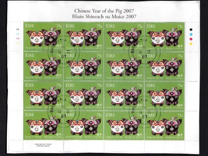2007 Ireland Chinese New Year: Year of the Pig Commemorative Stamp Sheetlet Plate 1A1A1A1A Fine Used with Dublin cancel of 24th January 2007 (First day of issue)