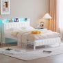 Double Bed Frame with Storage Upholstered Headboard,LED Lights,4ft6 Heavy Duty Metal Bed Frame Double Beds with Charging Station,No Box Spring Needed,Strong Steel Slats Support,White Velvet Image 3