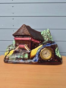 Magnificent Antique Walter Clock, Barbotine Earthenware, House/Chalet/Landscape Shape