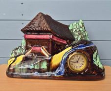 Magnificent Antique Walter Clock, Barbotine Earthenware, House/Chalet/Landscape Shape