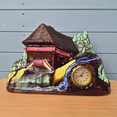 Magnificent Antique Walter Clock, Barbotine Earthenware, House/Chalet/Landscape Shape