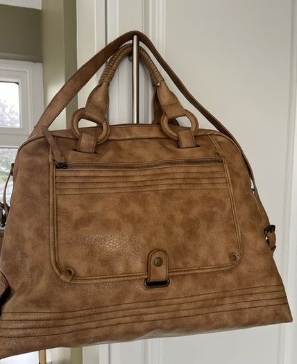 A-WEAR BAG OVERNIGHT WEEKEND Camel beige Stylish Faux Leather bag. Brass hardware In Very Good Condition. Generous sizing