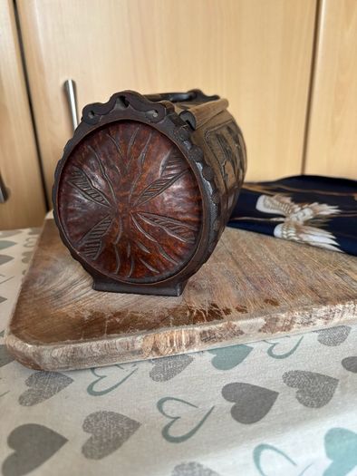 vintage hand-carved wooden cylindrical barrel box