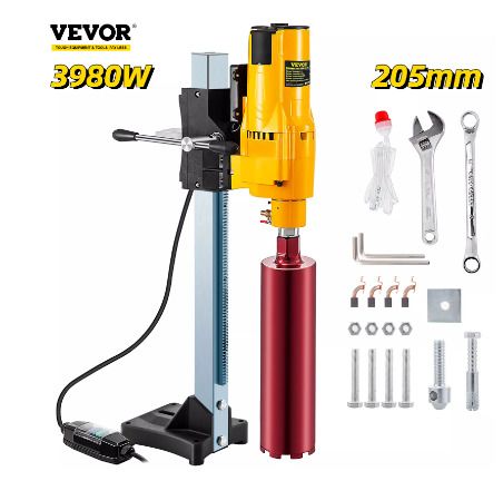 BRAND NEW 205mm Diamond Core Drill Rig 3980W Wet Dry Handheld Concrete Drilling Machine Kit W/ Bits and Spanner for Installing Pipes
