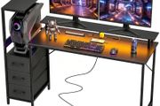 147cm Gaming Desk with Charging Station and Monitor Stand, Computer Table for Home Office with RGB Lights, Black