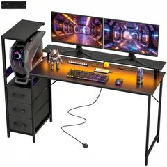 147cm Gaming Desk with Charging Station and Monitor Stand, Computer Table for Home Office with RGB Lights, Black
