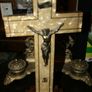 Antique Gold Spelter Christ on Cream Art Deco Pearlised Crucifix 14" x 7" Image 7