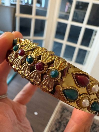 Gold Tone Statement Bracelet Red Green and Pearl Style Stones Costume Jewellery