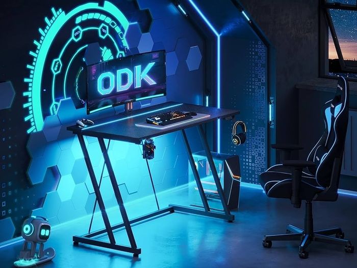 Gaming Desk with LED Lights & Power Outlet, Gaming Table with Cup Holder and Headphone Hook, Double Z Frame Design Computer Desk Carbon Fiber Black 80 cm