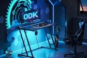 Gaming Desk with LED Lights &amp; Power Outlet, Gaming Table with Cup Holder and Headphone Hook, Double Z Frame Design Computer Desk Carbon Fiber Black 80 cm
