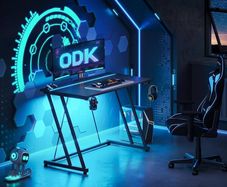 Gaming Desk with LED Lights & Power Outlet, Gaming Table with Cup Holder and Headphone Hook, Double Z Frame Design Computer Desk Carbon Fiber Black 80 cm