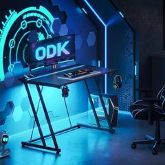 Gaming Desk with LED Lights & Power Outlet, Gaming Table with Cup Holder and Headphone Hook, Double Z Frame Design Computer Desk Carbon Fiber Black 80 cm