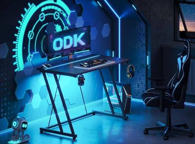 Gaming Desk with LED Lights & Power Outlet, Gaming Table with Cup Holder and Headphone Hook, Double Z Frame Design Computer Desk Carbon Fiber Black 80 cm
