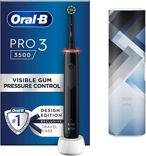 Oral-B Pro 3 Electric Toothbrush with Smart Pressure Sensor, 1 Cross Action Toothbrush Head & Mondrian Travel Case, 3 Modes with Teeth Whitening, Gifts for Men/Women, 2 Pin UK Plug (FREE SHIPPING)