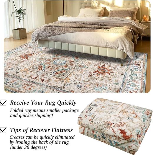 Oriental Large Rugs for Living Room 200x290cm Non-Slip Bedroom Rugs Machine Washable Area Carpet Low Profile Floor Carpet Mat for Indoor Kitchen Dinning Room Playroom(Beige