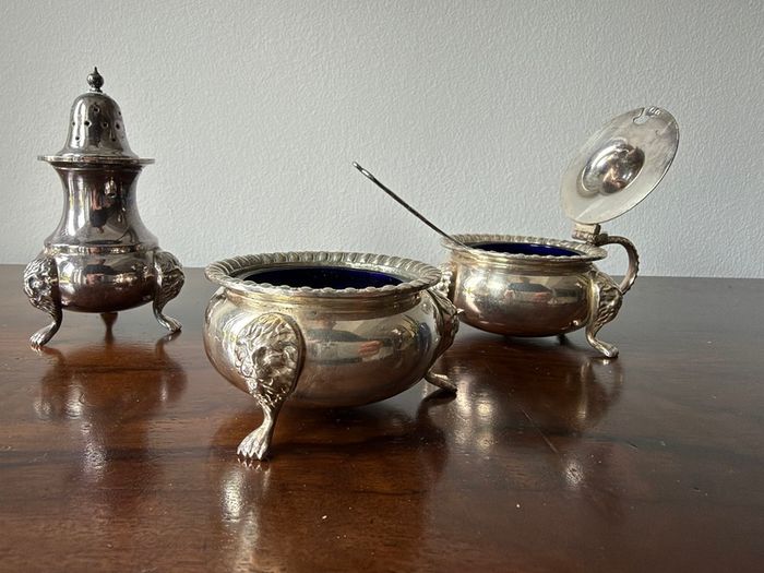 Vintage 3-Piece Cruet Set with Cobalt Blue Glass