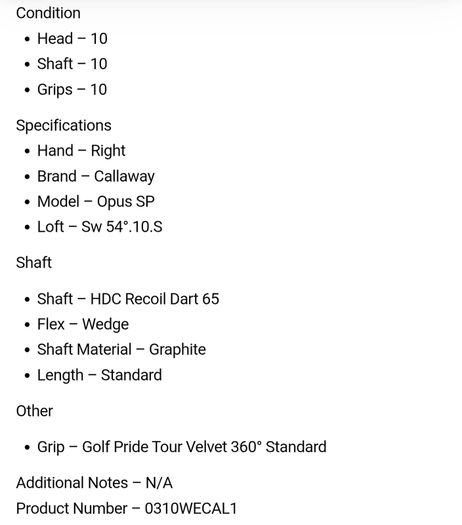 New Callaway Opus SP Wedge Sw 54 Degree.10.S / HDC Recoil Dart 65 Wedge