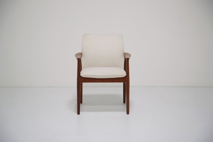 Vintage Danish Teak and White Boucle Armchair by Grete Jalk, 1960s.