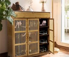 Wooden Shoe Storage Cabinet with Slatted Doors, 5 Tier Storage freestanding
