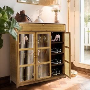 Wooden Shoe Storage Cabinet with Slatted Doors, 5 Tier Storage freestanding