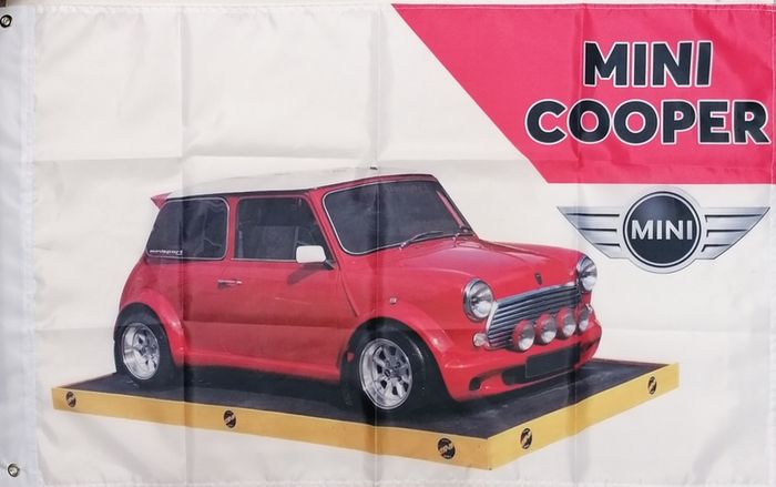 Red Mini Cooper flag on platform 3ft x 2ft.