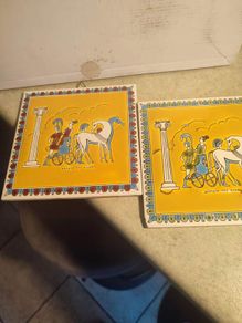 SET OF 2 Vintage Hand Made Smaltotechniki WALL HANGING Colorful Ceramic .