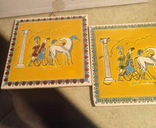 SET OF 2 Vintage Hand Made Smaltotechniki WALL HANGING Colorful Ceramic .