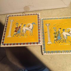 SET OF 2 Vintage Hand Made Smaltotechniki WALL HANGING Colorful Ceramic .