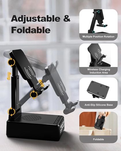 Birthday Gifts for Men Women, Bluetooth Speaker with Wireless Charger & Phone Stand, Gifts for Him, Foldable Angle & Height Stand with Alarm Clock, Ideal for Dad Mom, Tech Gadget Stocking Fillers