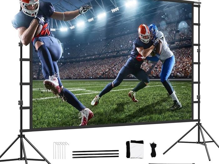 FREE EXPRESS SHIPPING Projector Screen and Stand, Projector Screen 100 Inch 4k HD, Outdoor Projector Screen 16 9 Wrinkle Free Design for Backyard Movie Night And (Easy to Clean 160 Degree Viewing Angle A Carry Bag)
