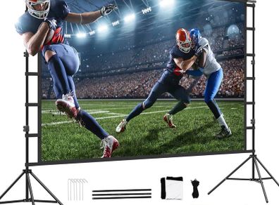 FREE EXPRESS SHIPPING Projector Screen and Stand, Projector Screen 100 Inch 4k HD, Outdoor Projector Screen 16 9 Wrinkle Free Design for Backyard Movie Night And (Easy to Clean 160 Degree Viewing Angle A Carry Bag)