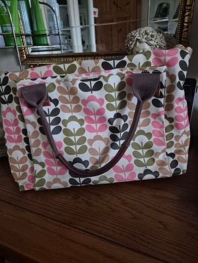 Orla Kiely Pink Green Tan Ivory Floral Stem Oilcloth Crossbody Bag