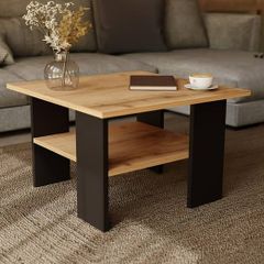 Coffee Table Oak Black Modern Living Room Table 60 x 60 x 45 cm - Square, Stable & Practical with Shelf - Compact Sofa Table, Robust and Easy to Clean