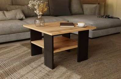 Coffee Table Oak Black Modern Living Room Table 60 x 60 x 45 cm - Square, Stable & Practical with Shelf - Compact Sofa Table, Robust and Easy to Clean