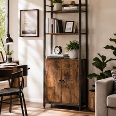 Bookcase Standing Shelf with Doors, Metal Frame,