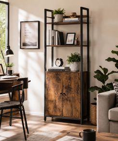 Bookcase Standing Shelf with Doors, Metal Frame,