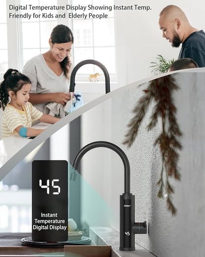Electric Hot Water Tap with Universal Nozzle, Instant Heating Tap for Kitchen, Stainless Steel Water Heater Tap Supply Hot and Cold Water Faucet with Digital Display (Stainless Steel Gooseneck)