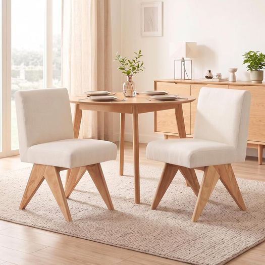 Set of 2 Modern Dining Chairs with V shaped Wooden Legs Chenille Beige Armless Kitchen Chairs with Soft Chenille Cover and Sturdy Wooden Leg