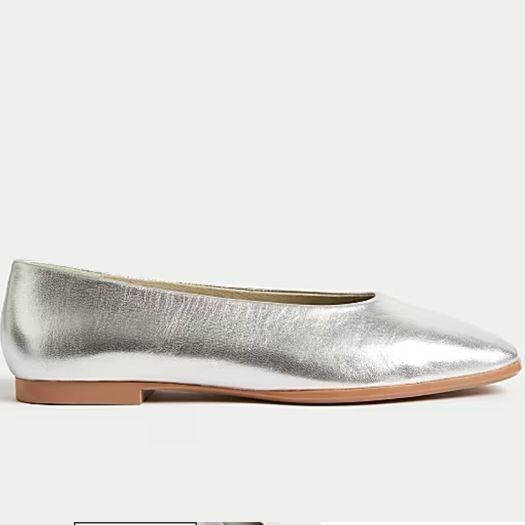 M&S Leather Square Toe Ballet Pumps Silver Metallic  Size 5.5